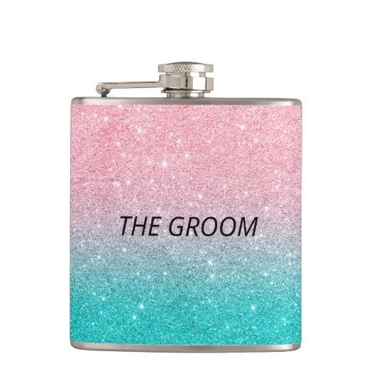Groom Turquoise en roze glitter ombre Heupfles (Voorkant)