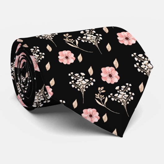 Groom Waterverf Pink Floral Black Wedding Stropdas (Opgerold)