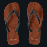 Groom Wedding Day Rustic Wood Kijk naar elke huwel Teenslippers<br><div class="desc">Rustisch hout ziet er groom uit als zandsteen teenslippers perfect voor strandwendels - Leest Groom in elegant, pastelbekistering onderaan. Elegant, rijk mahogany houthopkorrel patroon ziet er achtergrond uit. Opmerking: Hout is bedrukt afbeelding. Rustige trouwfeesten voor leden van de bruidspartij. Verander gewoon tekst sjablonen om je eigen gepersonaliseerde trouwfeest teenslippers te...</div>