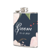 Groom Whiskey Flask Baby Roze Kosmos op Navy Heupfles (Links)