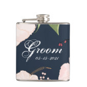 Groom Whiskey Flask Baby Roze Kosmos op Navy Heupfles (Voorkant)