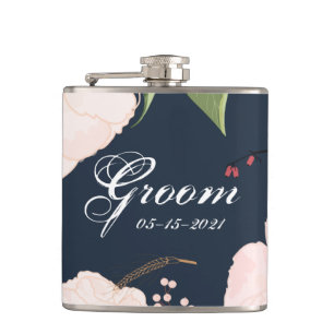 Groom Whiskey Flask Baby Roze Kosmos op Navy Heupfles