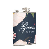 Groom Whiskey Flask Baby Roze Kosmos op Navy Heupfles (Rechts)