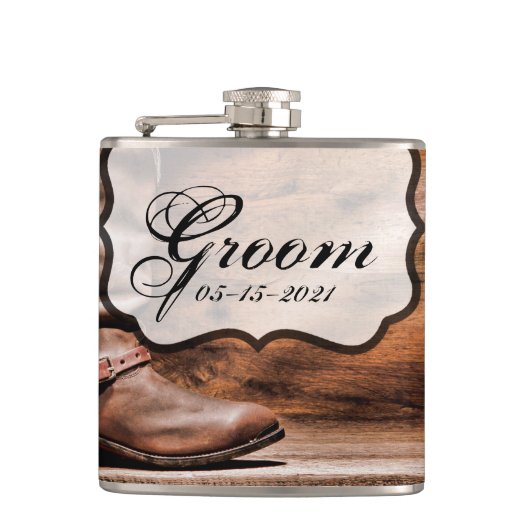 Groom Whiskey Flask Cowboy Boots Schuur Hout Rusti Heupfles (Voorkant)