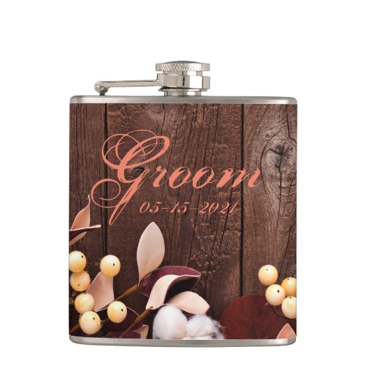 Groom Whiskey Flask Katoen Tak op Donker Hout Ste Heupfles (Voorkant)