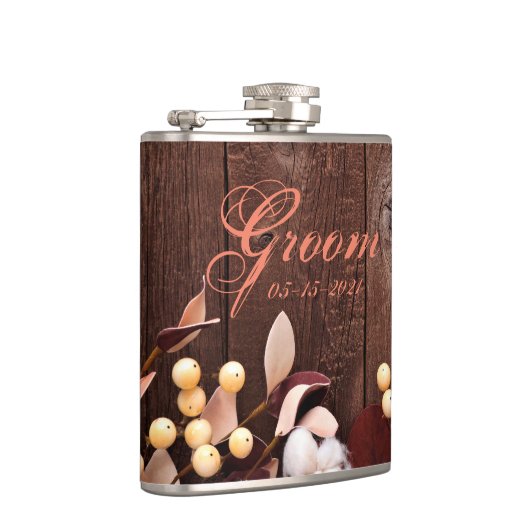Groom Whiskey Flask Katoen Tak op Donker Hout Ste Heupfles (Rechts)