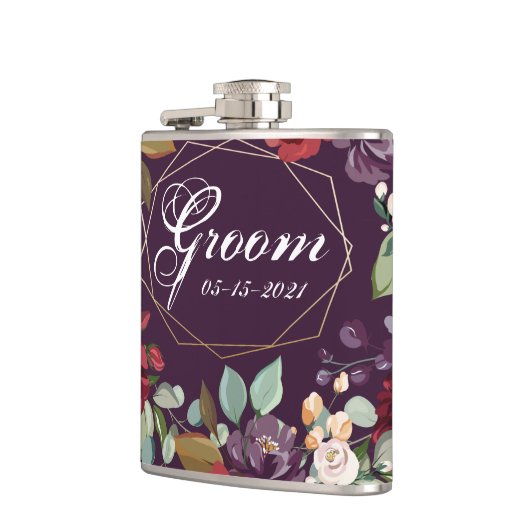 Groom Whiskey Flask Plum Paarse Rozen Gouden Geome Heupfles (Links)