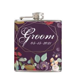 Groom Whiskey Flask Plum Paarse Rozen Gouden Geome Heupfles