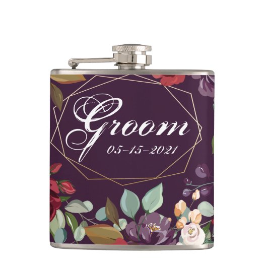 Groom Whiskey Flask Plum Paarse Rozen Gouden Geome Heupfles (Voorkant)