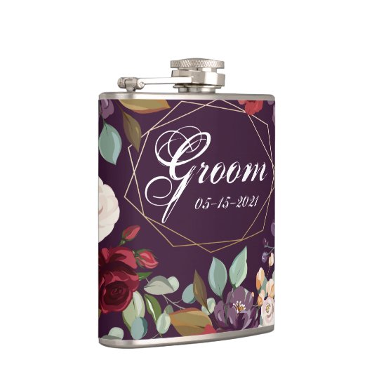 Groom Whiskey Flask Plum Paarse Rozen Gouden Geome Heupfles (Rechts)