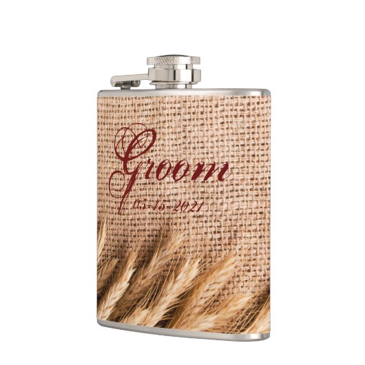 Groom Whiskey Flask Tarwe op Burlap Sack Country R Heupfles (Links)