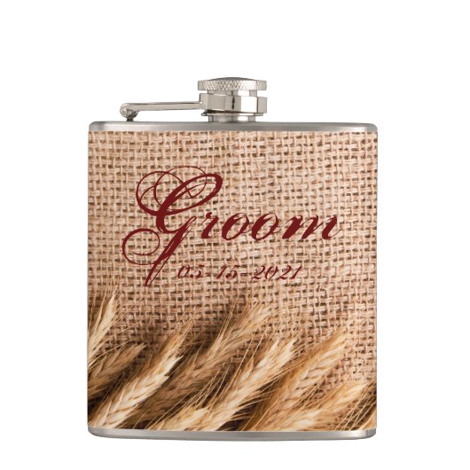 Groom Whiskey Flask Tarwe op Burlap Sack Country R Heupfles (Voorkant)