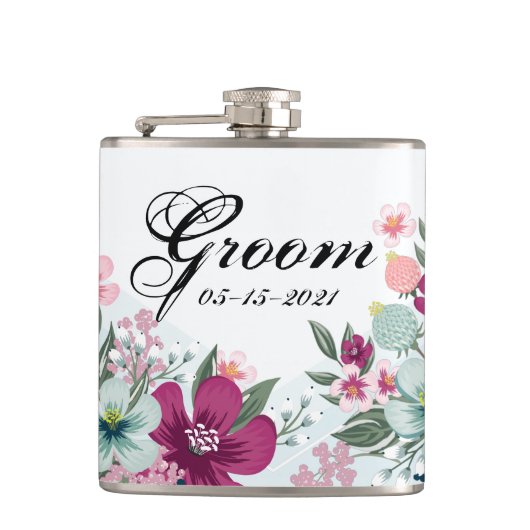 Groom Whiskey Flask Tropische Bloemen op Blue Ombr Heupfles (Voorkant)