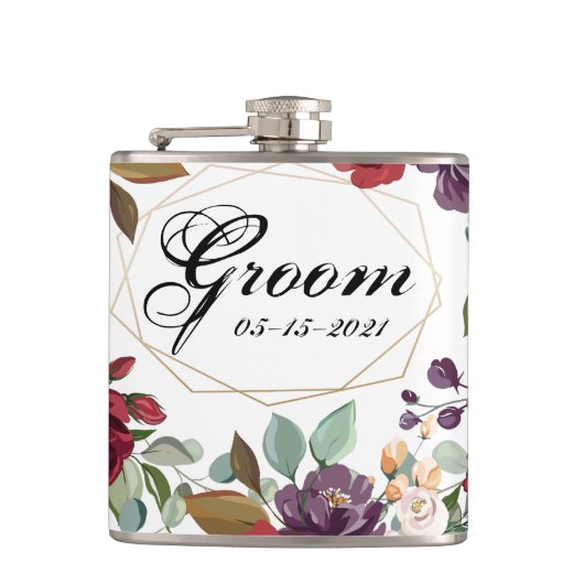 Groom Whiskey Flask Wit Rozen Goud Geometrisch Heupfles (Voorkant)