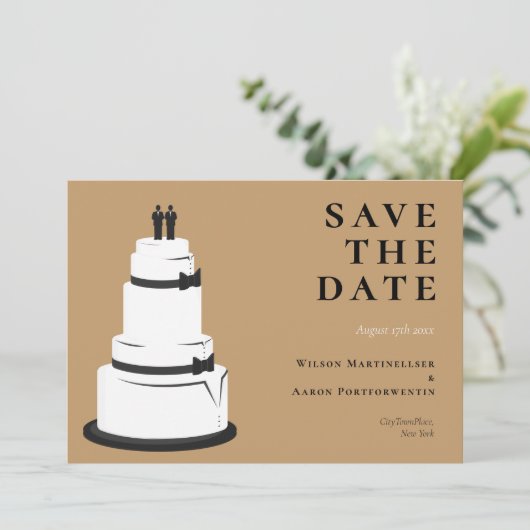 Grooms-bruiloft Cake Camel Brown LGBTQ Save The Date (Staand voorkant)