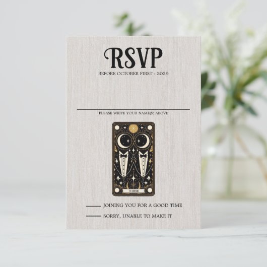 Grooms Bruiloft Tarot RSVP Kaartje (Staand voorkant)