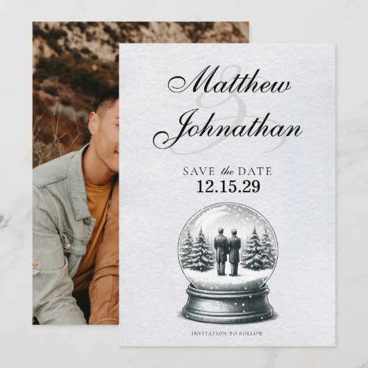 Grooms Snow Wereldbol Save The Date (Voorkant / Achterkant)