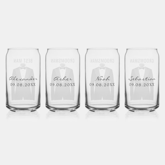 Groom's teamnaam zwart Tuxedo trouwdatum Blikvorm Glas (Achterkant)