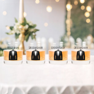 Groom's teamnaam zwart Tuxedo trouwdatum Whisky Glas