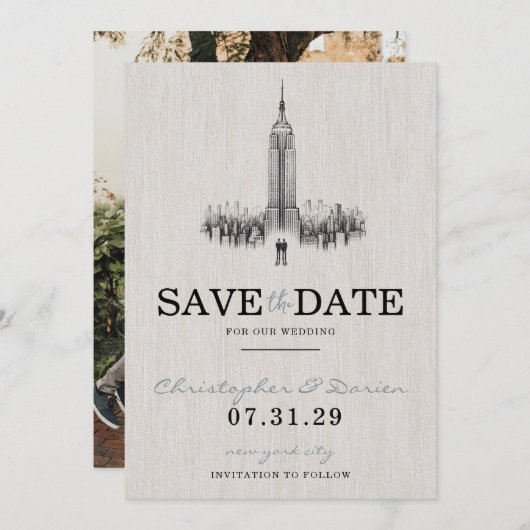 Grooms uit New York slaan de datum op Save The Date (Voorkant / Achterkant)
