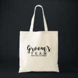 Groom's Wedding Team, Crew, Squad, Modern Script Tote Bag<br><div class="desc">Groom's Team of Bride's Team? Hoe dan ook, je bruidfeestje en gasten zijn zeker dol op deze leuke persoonlijke canvas tas! Een leuk trendy manuscriptdoopvont kleurt de voorzijde van de zak en onder is er ruimte voor twee lijnen van douanetekst - voeg de trouwdatum, de plaats, enz. toe. U kunt...</div>