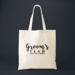 Groom's Wedding Team, Crew, Squad, Modern Script Tote Bag<br><div class="desc">Groom's Team of Bride's Team? Hoe dan ook, je bruidfeestje en gasten zijn zeker dol op deze leuke persoonlijke canvas tas! Een leuk trendy manuscriptdoopvont kleurt de voorzijde van de zak en onder is er ruimte voor twee lijnen van douanetekst - voeg de trouwdatum, de plaats, enz. toe. U kunt...</div>