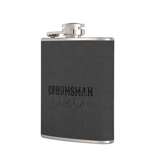 Groomsman Black Faux Leather Black Text Heupfles (Links)