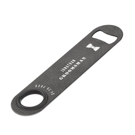 Groomsman  Black Leather Bow Stropdas Bar Key Speed Flessenopener (Achterkant Gekanteld)