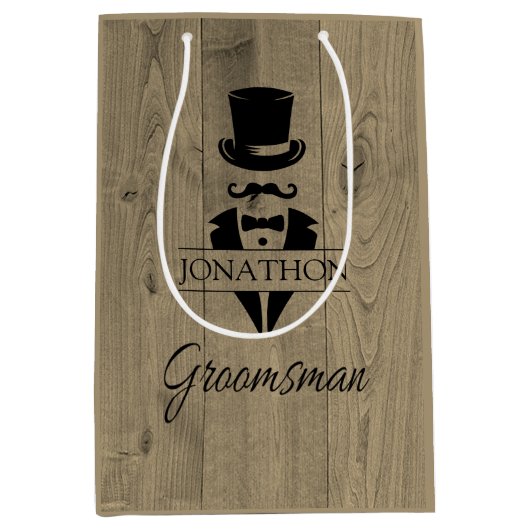 Groomsman Black Stropdas Mustache Medium Gift Bag Medium Cadeauzakje (Voorkant)