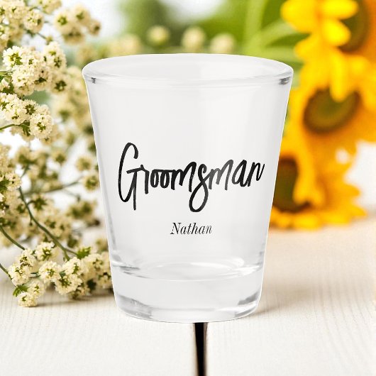 Groomsman Black White Script Wedding Shot Glas