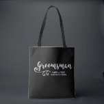 Groomsman Canvas tas-Cool Black White Modern Scrip Tote Bag<br><div class="desc">Uw Groomsman zal van deze gepersonaliseerde canvas tas houden! Dubbelzijdig met een leuke trendy witte manuscriptdoopvont en draai, kenmerkt de zak ook twee lijnen van douanetekst - voeg de naam van de Grooman, de trouwdatum, de plaats, enz. toe. Verander de achtergrondkleur om uw trouwkleuren aan te passen - enkel klik...</div>