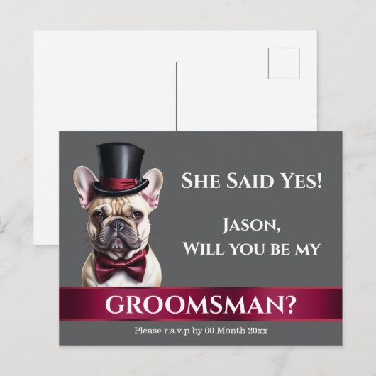 Groomsman franse bulldog bruidegoms huwelijksaanzo briefkaart (Voorkant / Achterkant)