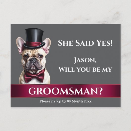 Groomsman franse bulldog bruidegoms huwelijksaanzo briefkaart (Voorkant)