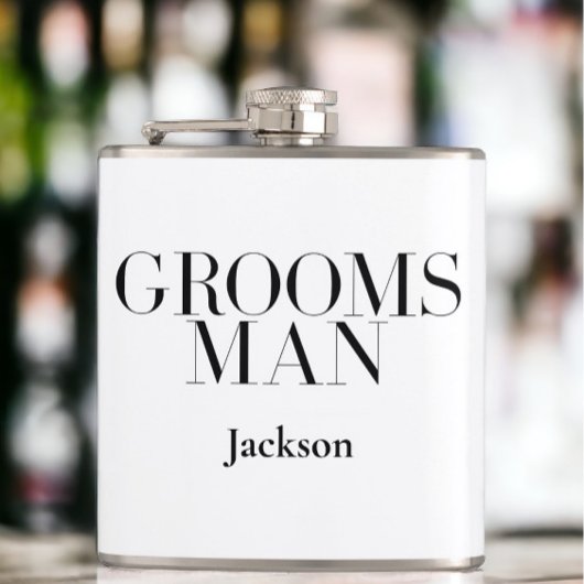 Groomsman gepersonaliseerd wit zwart modern eenvou heupfles