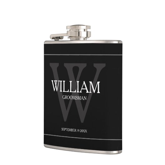 Groomsman Gift Modern Monogram Naam Zwart Heupfles (Links)