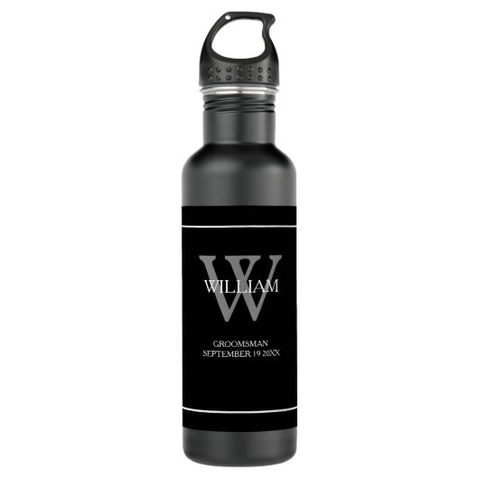 Groomsman Gift modern monogram script cool zwart Waterfles (Voorkant)