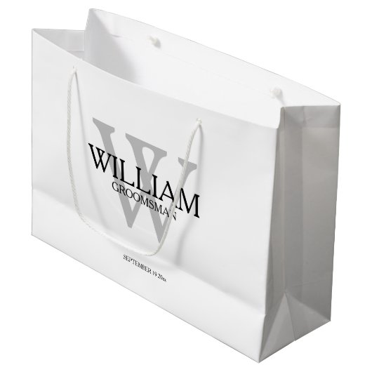 Groomsman Gift Monogram Zwart Wit & Grijs Groot Cadeauzakje (Voorkant Gekanteld)