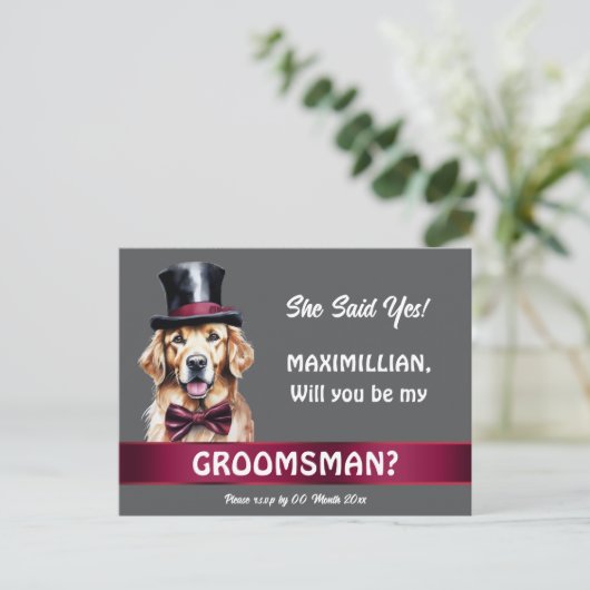 Groomsman golden retriever bruidegoms huwelijksaan briefkaart (Staand voorkant)