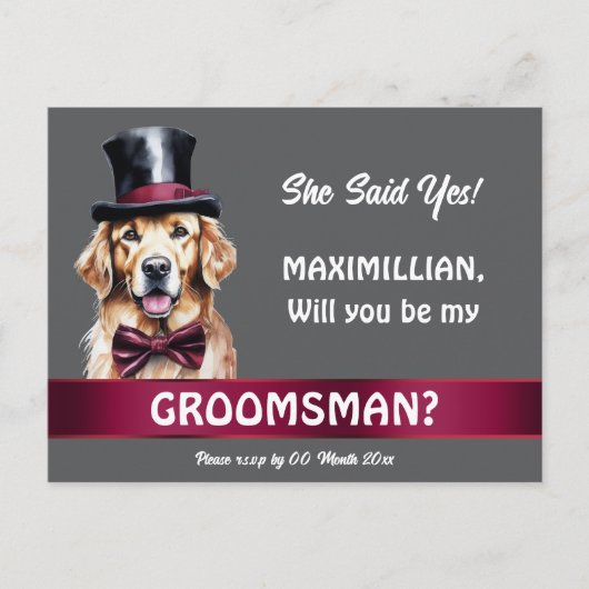 Groomsman golden retriever bruidegoms huwelijksaan briefkaart (Voorkant)