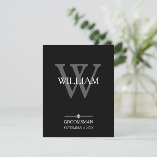 Groomsman Monogram + Naam Classic Script Cool Bedankkaart (Staand voorkant)