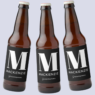 Groomsman Monogram Naam Zwart Bier Etiket