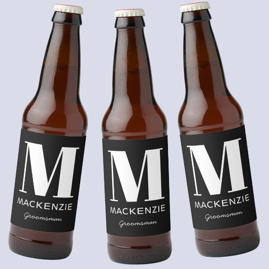 Groomsman Monogram Naam Zwart Bier Etiket