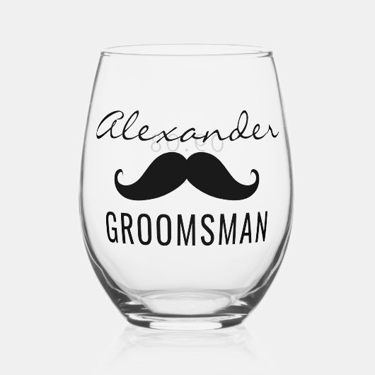 Groomsman naam snor trouwdatum wijnglas zonder voet (Voorkant)