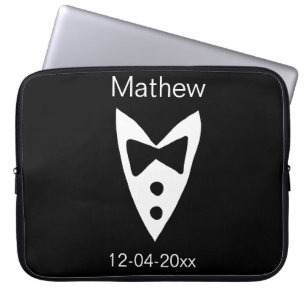 Groomsman Naam toevoegen Jaar Black Bow shirt stro Laptop Sleeve