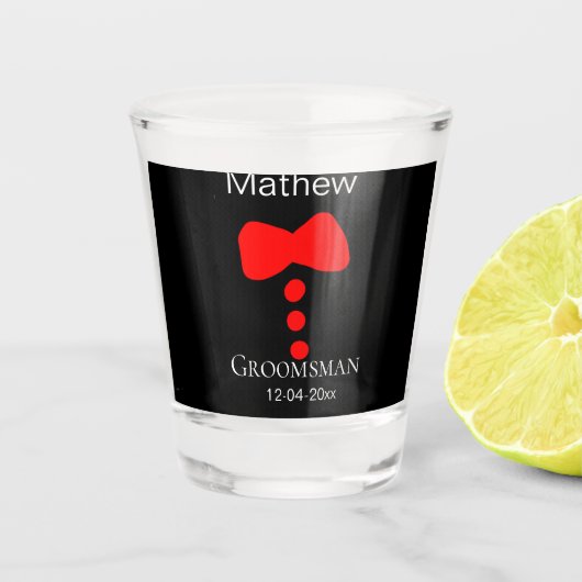 Groomsman Naam toevoegen Jaar Black Bow shirt stro Shot Glas (Voorkant)