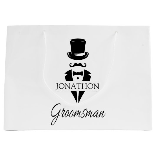Groomsman Name Black Stropdas Mustache Groot Cadeauzakje (Voorkant)