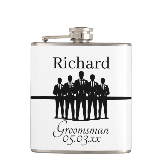 Groomsman Name Date Suit Silhouette Wedding Party Heupfles (Voorkant)