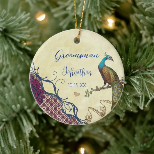 Groomsman Navy & Raspberry  Peacock Keramisch Ornament (Boom)
