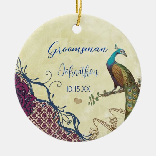Groomsman Navy & Raspberry Peacock Keramisch Ornament (Voorkant)