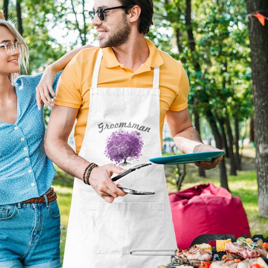 Groomsman Paars Heart Leaf Tree Wedding Standaard Schort